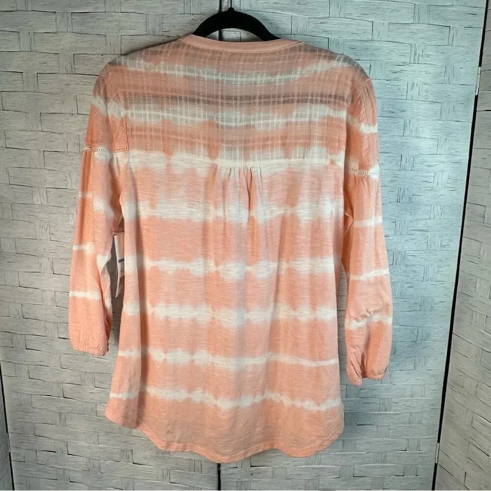 New Directions Womens Blouse Peach white tie-dye balloon sleeve bohemian hippie - Picture 2 of 10